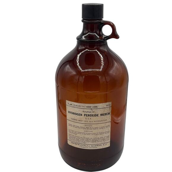 Vintage Merck Hydrogen Peroxide Amber Glass Jug 1 Gallon Brown Apothecary Bottle - Picture 1 of 9
